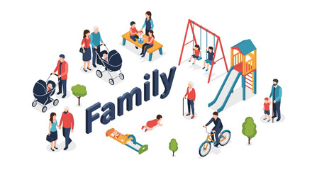 Naklejka premium Isometric Family Life and Activities Illustration.