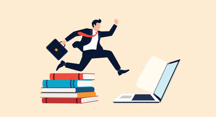 Businessman jumping over books towards laptop symbolizing career growth and education.