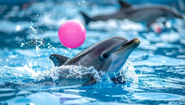 A playful dolphin splashes in water, interacting with a pink sphere