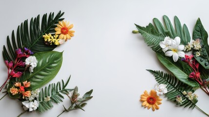Tropical Botanical Arrangement with Vibrant Blossoms on White Background.
