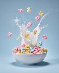 Vibrant Alphabet Cereal Milk Splash - Dynamic Breakfast Fun in a White Bowl on Blue.