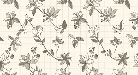 Pattern of stylized flowers and berries on a tiled background in neutral and muted earth tones