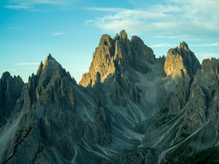 Dramatic mountains in sunrise at Cadini di Misurina, Dolomites, Italy