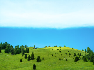 Green fields on hills and blue sky