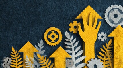 Upward Growth and Collaboration - Yellow Arrows, Gears, and Hand Symbolizing Progress and Teamwork.