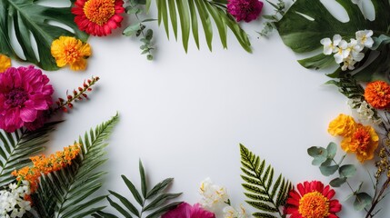 Vibrant Floral Frame - Lush Tropical Foliage and Colorful Blooms on White Background.