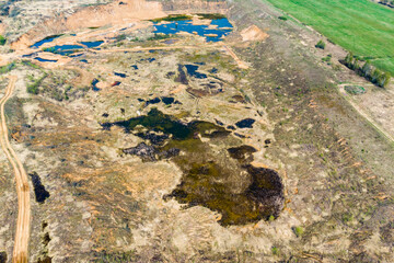 Aerial view of a defunct quarry. Pockets of stagnant water glisten amidst eroded sandy banks and sparse vegetation. A desolate yet slowly recovering industrial site