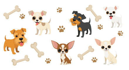 Naklejka premium Illustration featuring various cartoon dogs with bones and paw prints on a white background