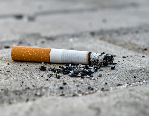 コンクリートの地面の上に落ちている一本のタバコの吸い殻