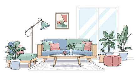 Fototapeta premium Cozy Living Room Interior with Plants and Comfortable Furniture.