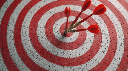 Darts land perfectly on a red and white target during a game