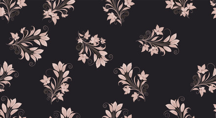 Fototapeta premium Floral pattern with light pink flowers and leaves on a dark background seamless and elegant design style