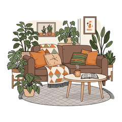 Cozy living room with brown sofa and plants creating a relaxing atmosphere.