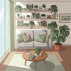 Cozy Living Room with Plants and Bookshelves Illustration.