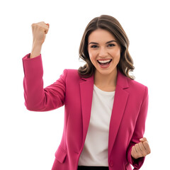 Excited young businesswoman in a pink blazer celebrating success with a fist pump isolated on white