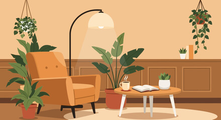 Cozy reading corner with a comfortable orange armchair and indoor plants.
