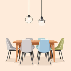 Dining room table with chairs and hanging lights.