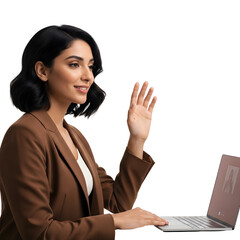 Smiling young woman in a brown suit waving hello during a video call using a laptop isolated on white