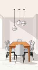 Elegant Dining Room Illustration with Wooden Table and Modern Chairs.