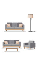 Elegant living room furniture set with sofa armchair and lamp for home decor.