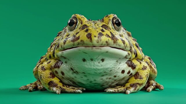 Close up view of a yellow and brown patterned frog sitting on a green surface looking at the camera