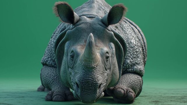 A rhinoceros facing forward with a large horn and small ears against a green background plain studio