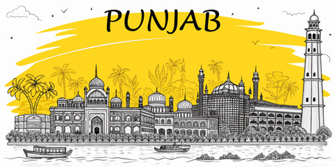 Punjab Skyline Sketch with Heritage Landmarks like Golden Temple, Qila Mubarak, and Patiala Fort &ndash; Tourism Art for Print, Wall Decor, and Souvenirs
