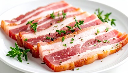 Raw Bacon Strips Seasoned with Herbs and Black Pepper on a White Plate with Fresh Thyme Sprigs