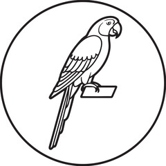 Line art emblem featuring a majestic parrot perched gracefully inside a circular frame isolated on a isolated on transparent background