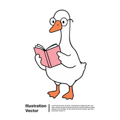 Charming cartoon goose with spectacles engrossed in a book, symbolizing learning and knowledge