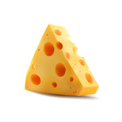 A realistic piece of cheese with large holes on a white background.