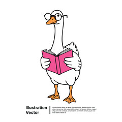 Goose Reading a Book with Glasses Funny Vector Illustration for Education