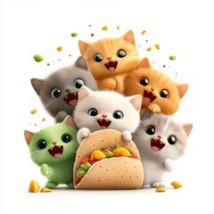 Fototapeta premium Cute kittens enjoying a taco with playful expressions on a white isolated background.