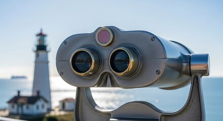 Binoculars facing lighthouse ocean view telescope viewing