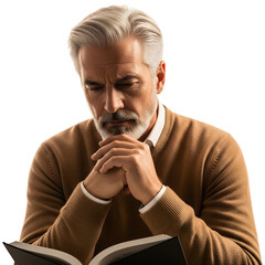 Thoughtful senior man reading a book with a contemplative expression isolated on white background