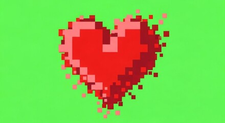 Red pixel art heart dissolving into small squares on a bright green background. Digital love concept for Valentine day.