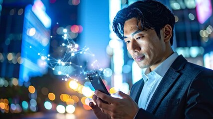 A man in a suit looks at his phone with data visualization over him, city at night - Powered by Adobe
