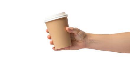 A persons hand holding a disposable paper coffee cup with a white lid, isolated on transparent background