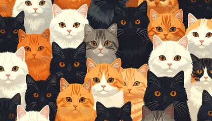 Group portrait of various domestic cat breeds in different colors