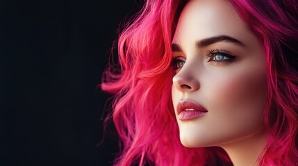 Obraz premium Radiant Expression with Pink Hair: A stunning portrait captures a woman with striking pink hair, her gaze filled with a mixture of elegance and contemplation. against a backdrop of shadowed space.