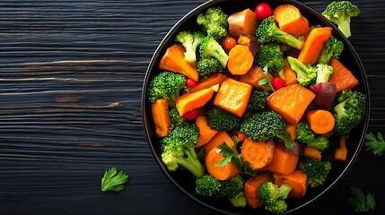 Bowl of roasted vegetable salad with sweet potato, carrots, and broccoli minimal composition