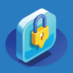 3d lock icon on a chat bubble floating above blue .eps