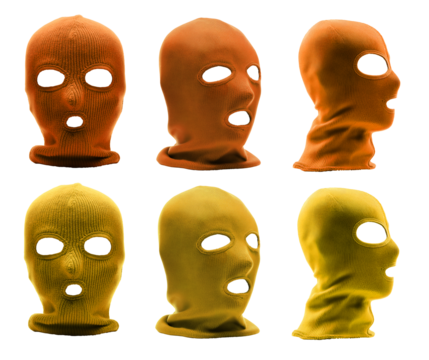 Set of 2, yellow orange classic knit knitted woven cuffed wool ribbed fleece balaclava face ski mask headgear, front side view on transparent cutout PNG file. Mockup template 