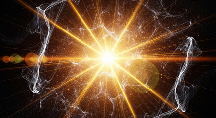 A glowing golden starburst surrounded by ethereal energy filaments on a dark background, representing the concept of cosmic creation