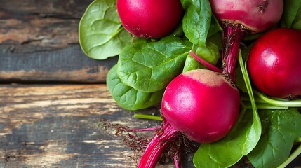 Colorful breakfast vegetable salad with radish, beets, and spinach