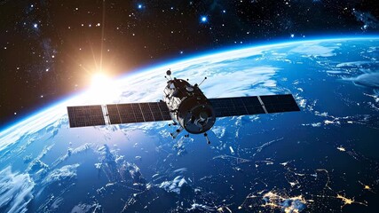 High-tech satellite in orbit above planet Earth, with the sun rising and casting a lens flare over the globe - Powered by Adobe