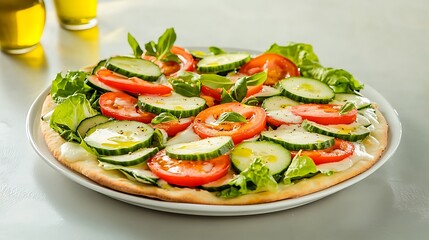 Fresh vegetable salad with cucumber, tomato, lettuce, and olive oil drizzle