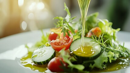 Fresh vegetable salad with cucumber, tomato, lettuce, and olive oil drizzle