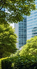 Lush Greenery Against Modern Glass Towers trees foliage
