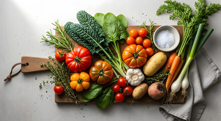 Farm-to-table ingredients, rustic flat lay of fresh vegetables